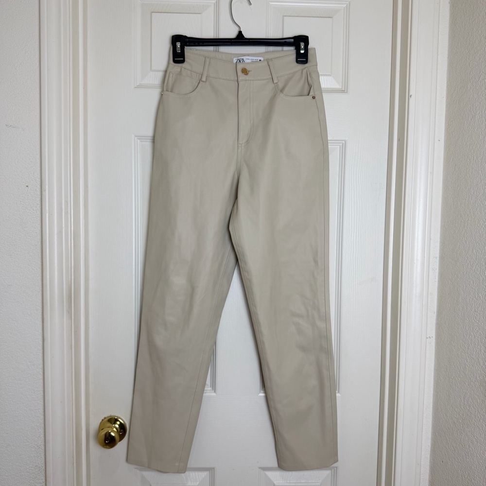 ZARA high rise faux Leather Cream Straight-Leg pants size 02 - Picture 3 of 8